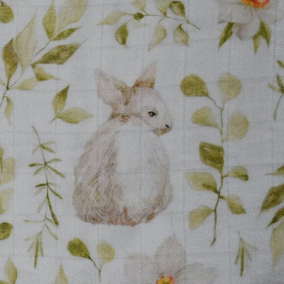 Spring Bunny Rabbit Flowers Leaves Nursery Swaddle Muslin Baby Blanket - Picture 4 of 12